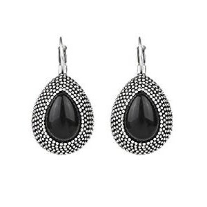 Elegant retro small unique ancient silver retro teardrop statement earrings with black stones