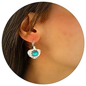 Elegant retro small unique antique silver turquoise stone statement vintage earrings